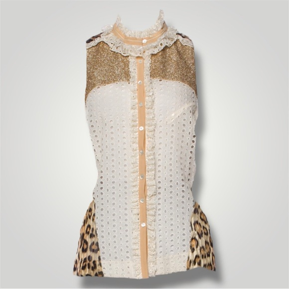 Roberto Cavalli Glitter Leopard White Ruffled Blouse